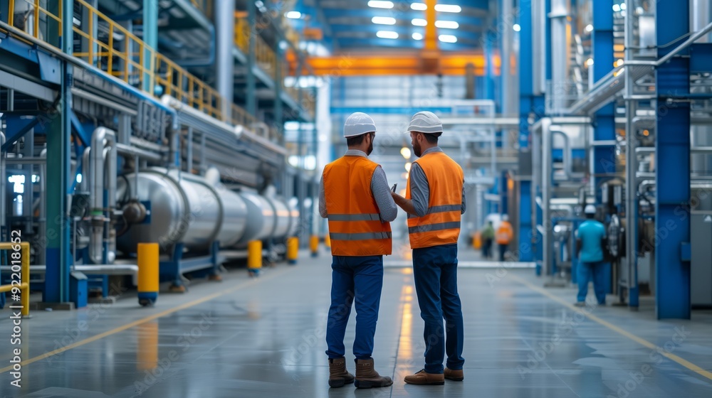 Wall mural workers and consultants in a modern us factory doing industrial asset management.