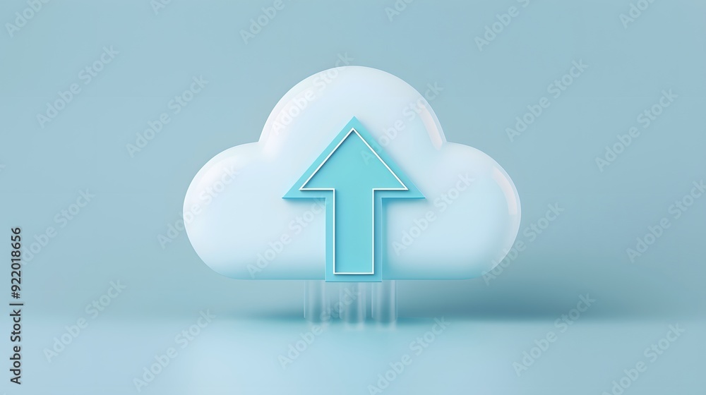 Poster 3d cloud icon with an upward arrow representing cloud computing, data transfer, and digital upload o