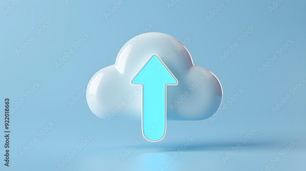 Poster 3d cloud icon with an upward arrow representing cloud storage and data upload against a blue backgro