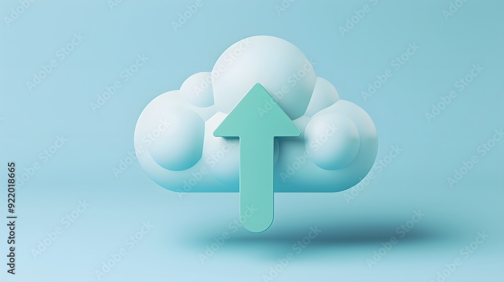 Poster 3d cloud icon with an upward arrow representing cloud storage or data uploading concepts on a blue b