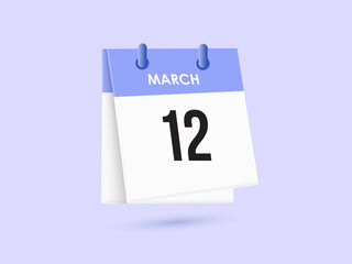 March 12 - calendar and Time planner. Daily Calendar Icon reminder. Vector Illustration.