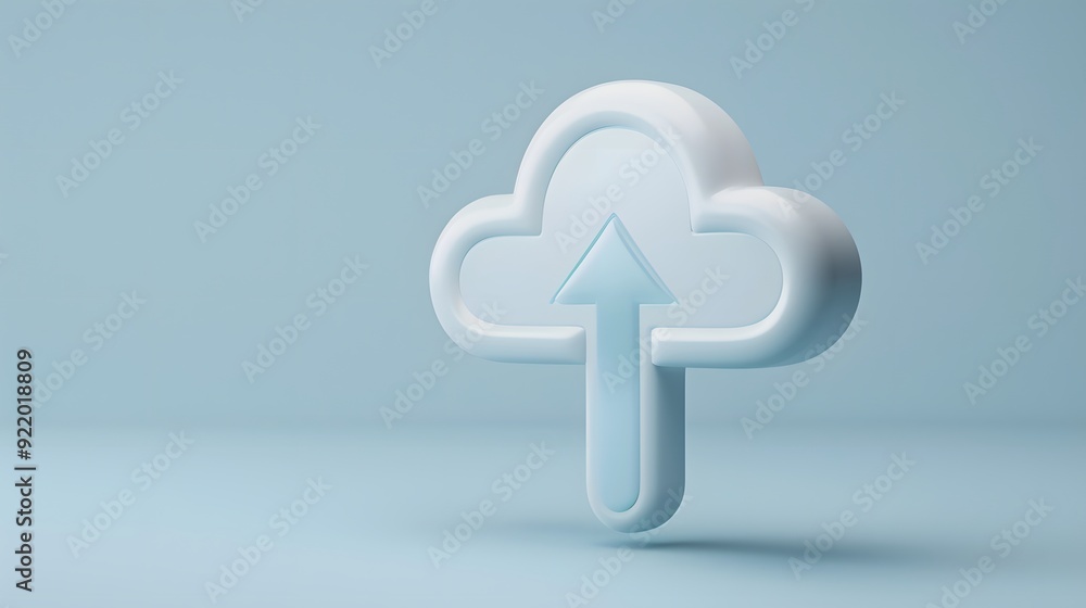 Poster 3d cloud icon with an upward arrow symbolizing cloud storage and data upload, set against a light bl