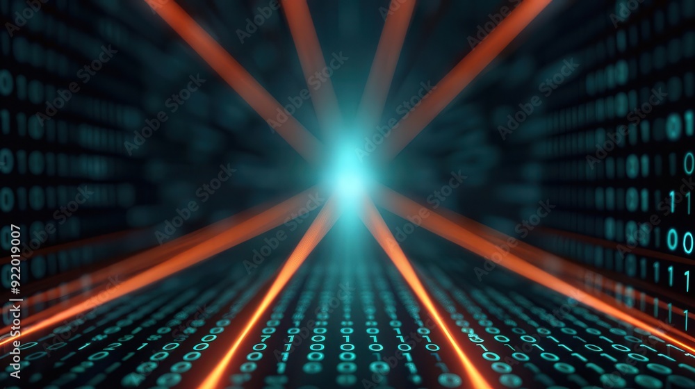 Poster captivating visualization of binary data streaming towards a glowing center, representing digital te