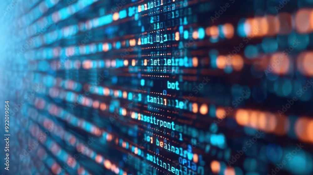 Poster close-up of vibrant digital data streams, showcasing intricate code patterns and glowing elements in