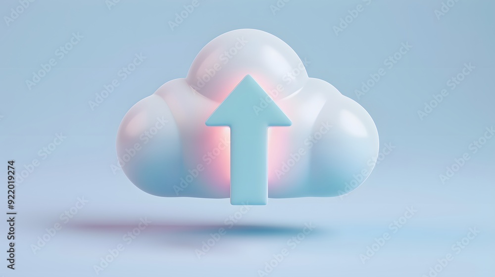 Poster 3d cloud icon with arrow signifying cloud computing, data upload, and digital storage solutions in a