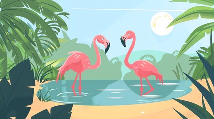 Obraz premium Create a illustration of a Flamingos in a shallow lakein a kawaii style, simplified to feature fewer elements for a cleaner look, Use a color palette that is appealing to children, with bright