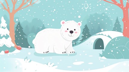 Create a illustration of a Polar bear in a snowy enclosurein a kawaii style, simplified to feature fewer elements for a cleaner look, Use a color palette that is appealing to children, with bri
