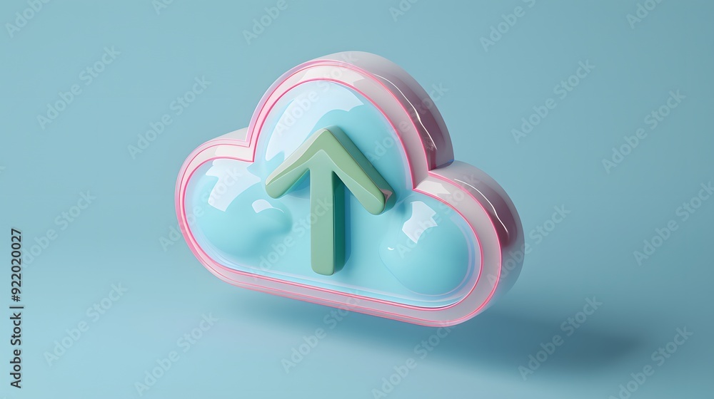 Poster 3d cloud icon with upload arrow, symbolizing cloud computing and data storage solutions, against a p