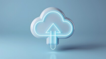 Obraz premium 3D cloud icon with upload arrow on blue background, representing cloud storage and technology concept.