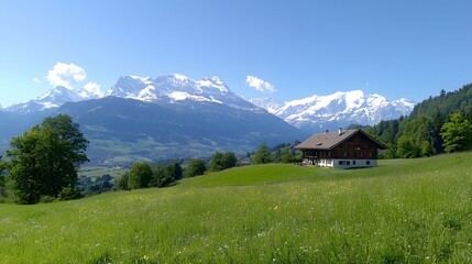 Obraz premium 4. **Snow-capped peaks of the Swiss Alps with a picturesque chalet