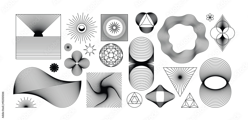 Poster vector minimal geometric illustrations set, trendy abstract aesthetic linear compositions, prints, f