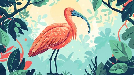 Naklejka premium Create a illustration of a Scarlet ibis with vibrant plumagein a kawaii style, simplified to feature fewer elements for a cleaner look, Use a color palette that is appealing to children, with b