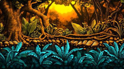 Vibrant cross-section of a jungle with intertwined tree roots, lush foliage, contrasting cool blues and warm oranges. Mystical nature and environment