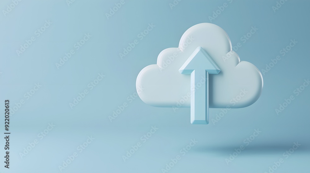Poster 3d cloud icon with upward arrow symbolizing cloud storage or data upload on a light blue background,