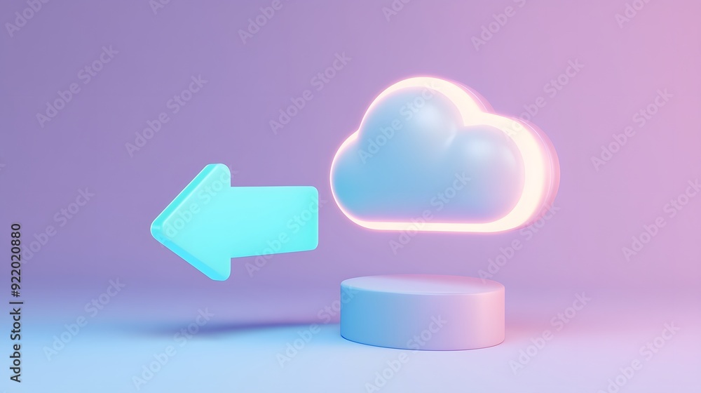Poster 3d cloud symbol with neon arrow signifying data storage or cloud computing, set against a pastel gra