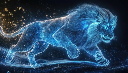 Ethereal blue lion in motion against a dark background with sparkling effects