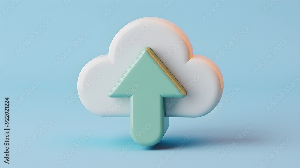 Poster 3d cloud upload icon with blue arrow on light blue background. concept of cloud computing, data stor