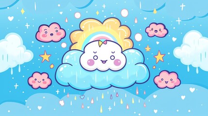 Create a illustration of a Rumble of a distant thunderstormin a kawaii style, simplified to feature fewer elements for a cleaner look, Use a color palette that is appealing to children, with br