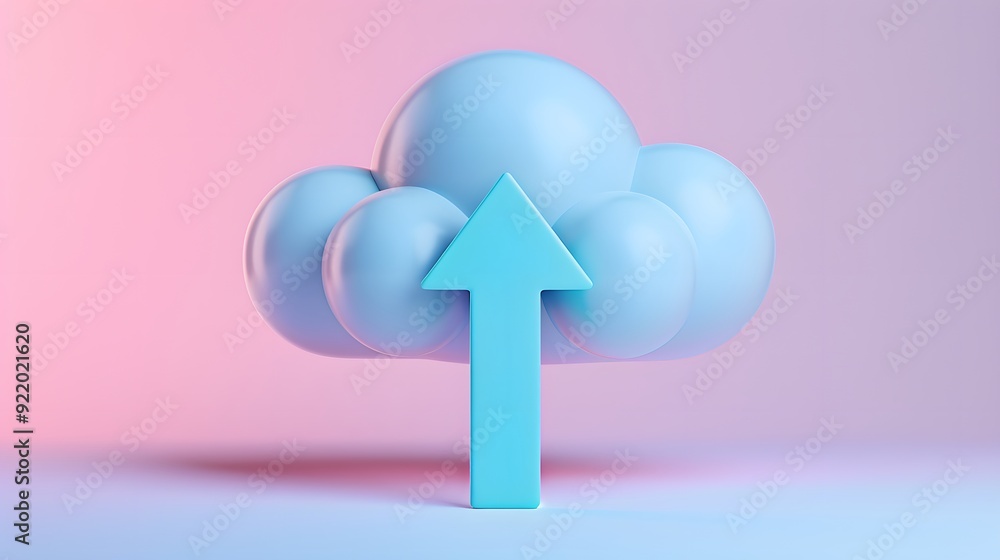 Poster 3d cloud with arrow symbolizing cloud computing and data upload on a pastel background, representing