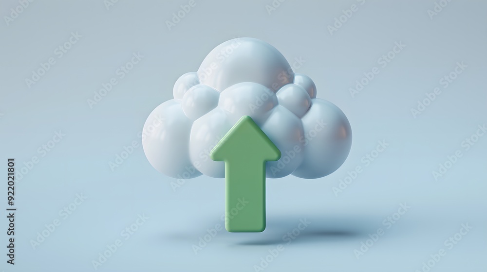 Aufkleber 3d cloud with green arrow pointing upward, representing cloud computing, data storage, and technolog