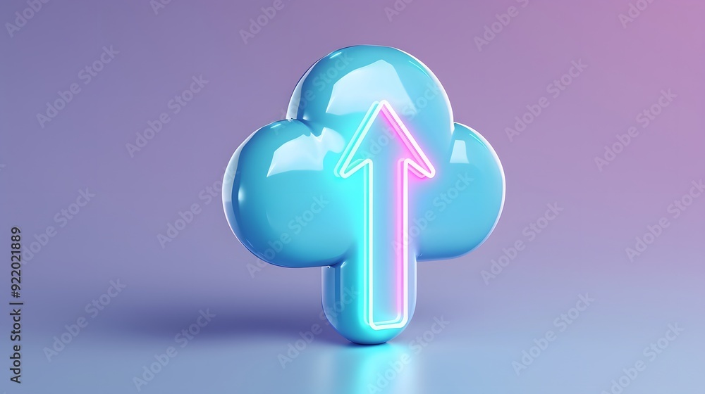 Poster 3d cloud with neon arrow depicting cloud storage and internet data upload with blue and purple gradi