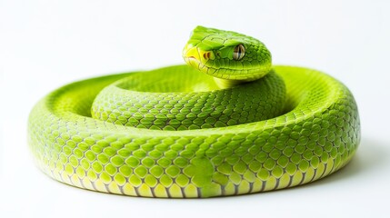 Fototapeta premium Green snake resting in white studio setting
