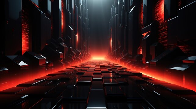 Red glowing futuristic tunnel with black glossy blocks.