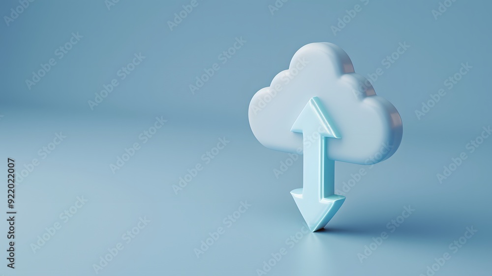 Poster 3d cloud with up and down arrows symbolizing data upload and download in a blue minimalist backgroun