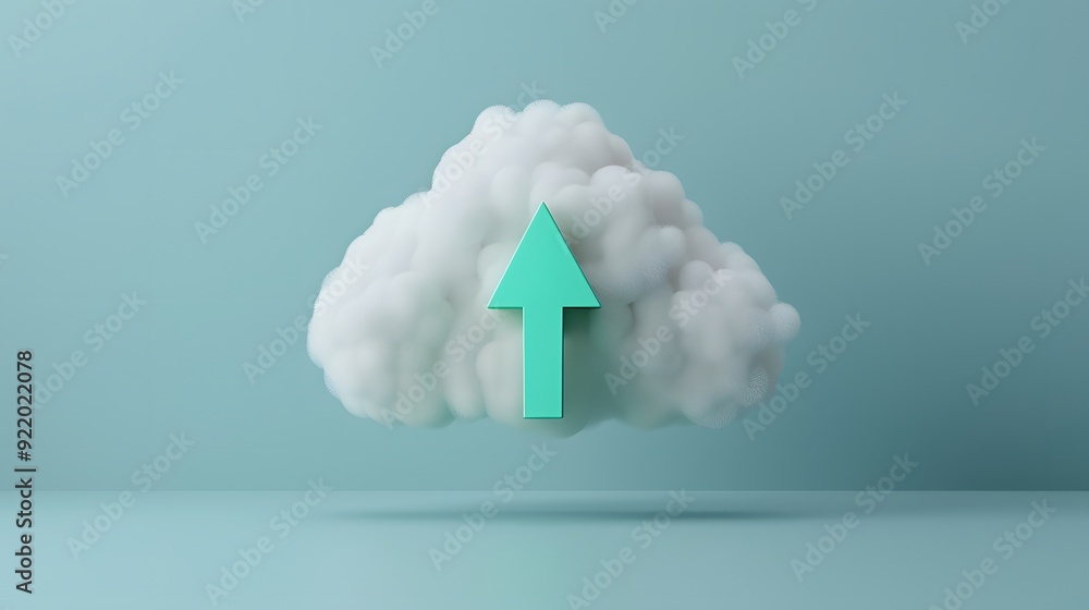 Poster 3d cloud with upward arrow symbolizing cloud computing, data upload, and digital technology on a blu