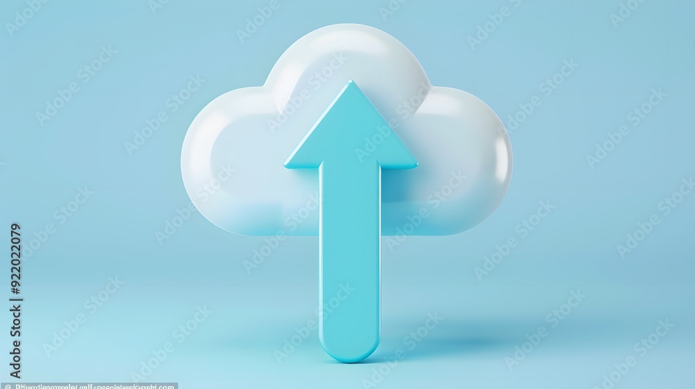 Poster 3d cloud with upward arrow on light blue background representing cloud storage, data upload, and dig