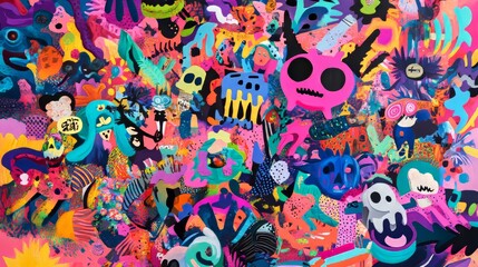 Colorful and playful abstract pattern featuring a variety of cartoon characters