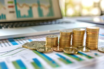 A tower of coins arranged on financial paper, set against a backdrop of a stock market graph, symbolizing investment growth and economic trends.