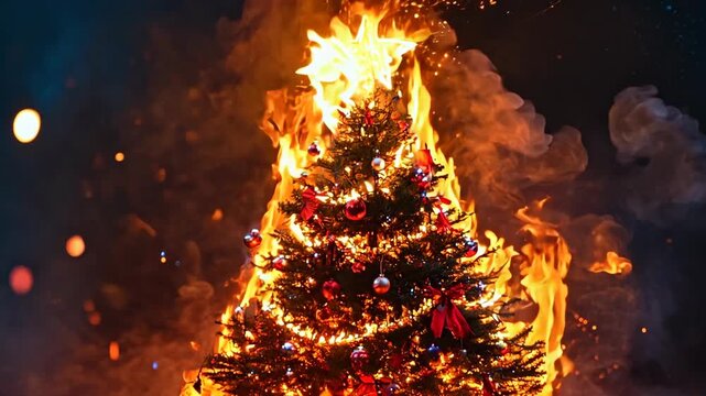 Christmas tree fire in a festive setting during winter celebrations