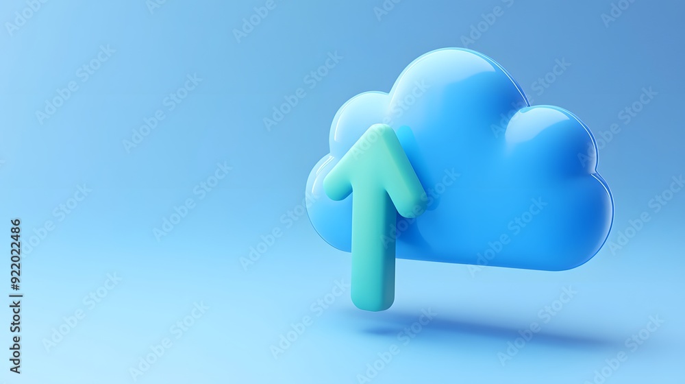 Poster 3d illustration of a blue cloud symbol with an upward arrow, representing cloud computing and data u