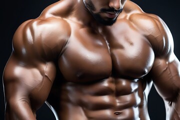 Obraz premium Handsome young man with muscular body and posing in studio, Closeup of chest and abs