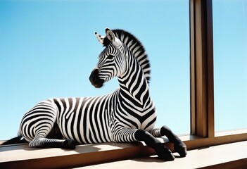 A zebra resting in a window frame against a pastel blue background