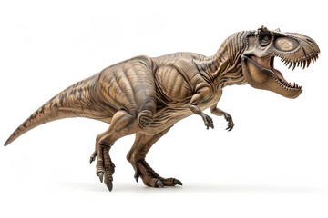 Fototapeta premium Tyrannosaurus Rex toy is showcased against a white background, highlighting its realistic texture and fierce expression. This model is perfect for dinosaur enthusiasts and collectors alike.