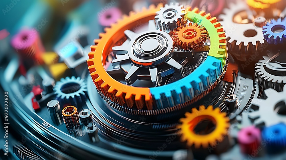 Poster intricate clockwork machinery with gleaming metal gears and cogs in mesmerizing motion