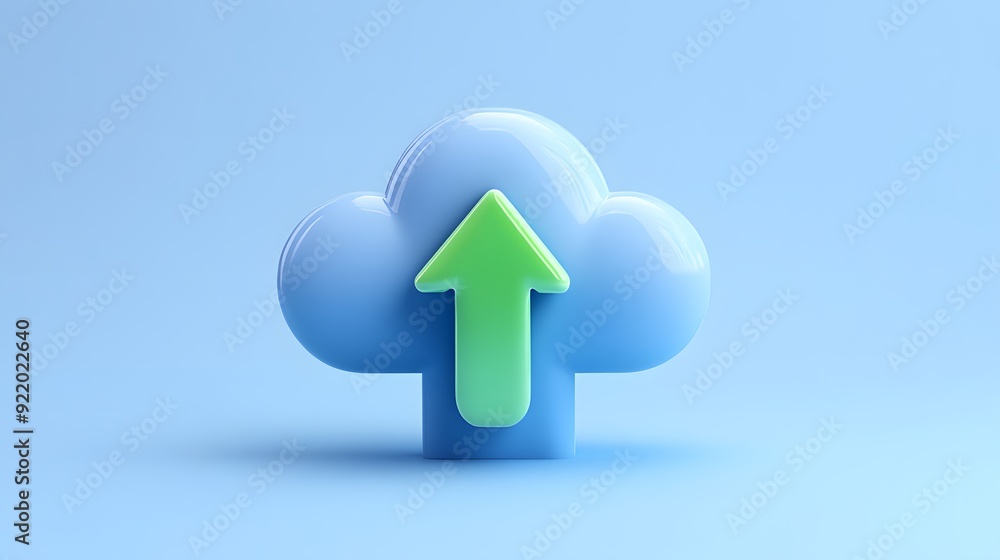 Poster 3d illustration of a blue cloud with a green upward arrow on a light blue background, representing c