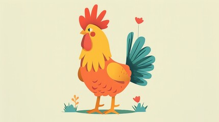 Create a illustration of a Rooster crowing at dawnin a kawaii style, simplified to feature fewer elements for a cleaner look, Use a color palette that is appealing to children, with bright and
