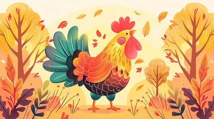 Fototapeta premium Create a illustration of a Rooster crowing at dawnin a kawaii style, simplified to feature fewer elements for a cleaner look, Use a color palette that is appealing to children, with bright and