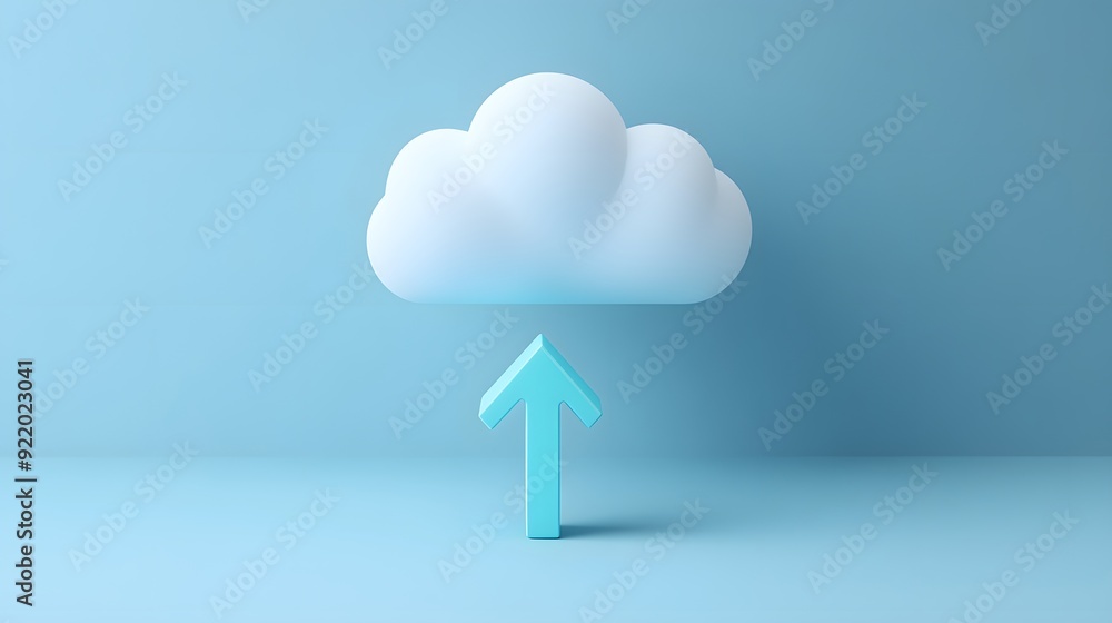 Poster 3d illustration of a cloud and arrow symbolizing cloud computing and data uploading on a blue backgr