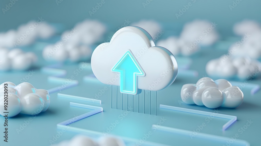 Poster 3d illustration of a cloud computing icon with an arrow pointing upwards, symbolizing data upload an