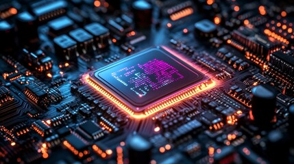 Fototapeta premium A close-up of a computer chip on a circuit board, illuminated with vibrant colors.