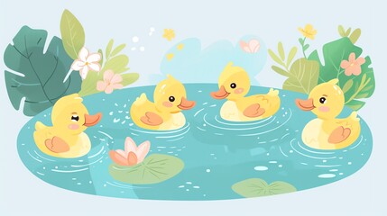 Create a illustration of a Ducklings swimming in a pondin a kawaii style, simplified to feature fewer elements for a cleaner look, Use a color palette that is appealing to children, with bright