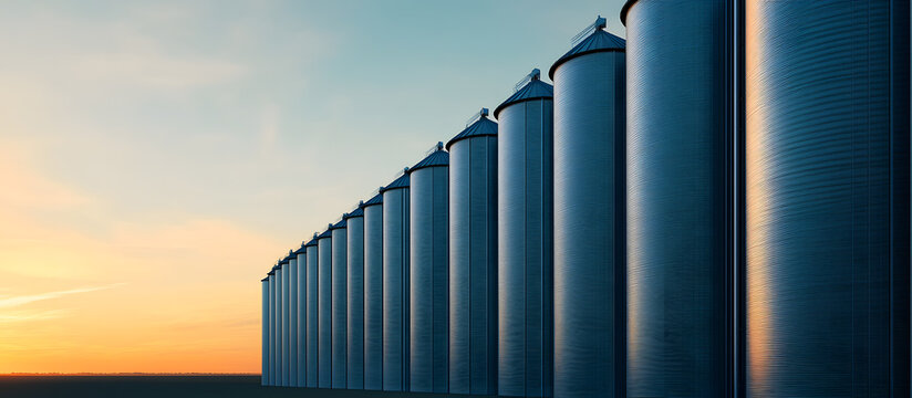 Large industrial silos standing in a rural setting with clear blue skies