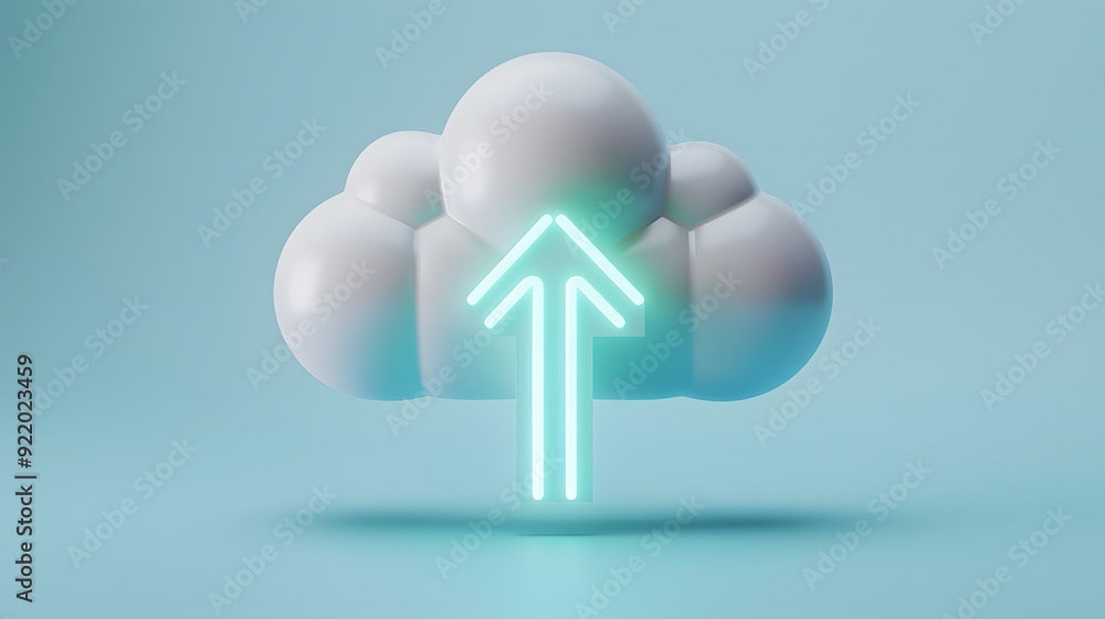Poster 3d illustration of a cloud icon with an arrow pointing upward, symbolizing cloud computing, data sto