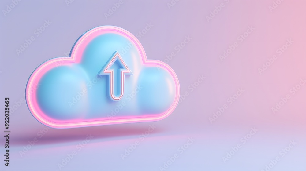 Poster 3d illustration of a cloud icon with an upload arrow, symbolizing cloud computing and data storage, 