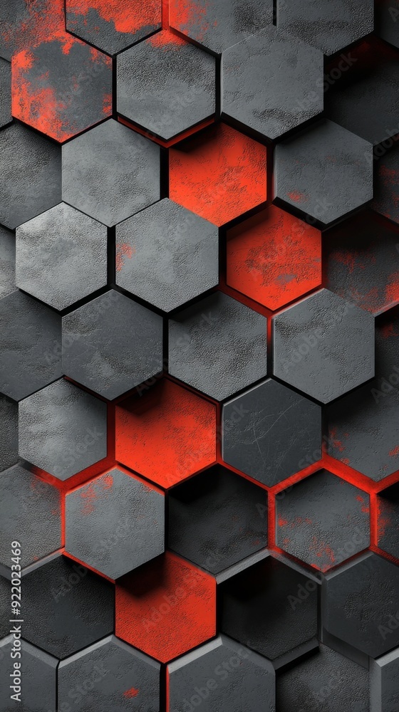 Wall mural abstract background showing a pattern of red and grey hexagons