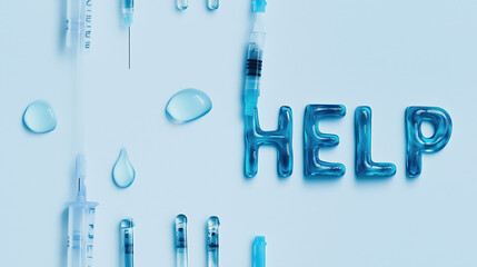 Close-Up of Water Drops Released from Syringes Spelling 'HELP' Against a Soft, Clean Background for Medical and Support Visuals